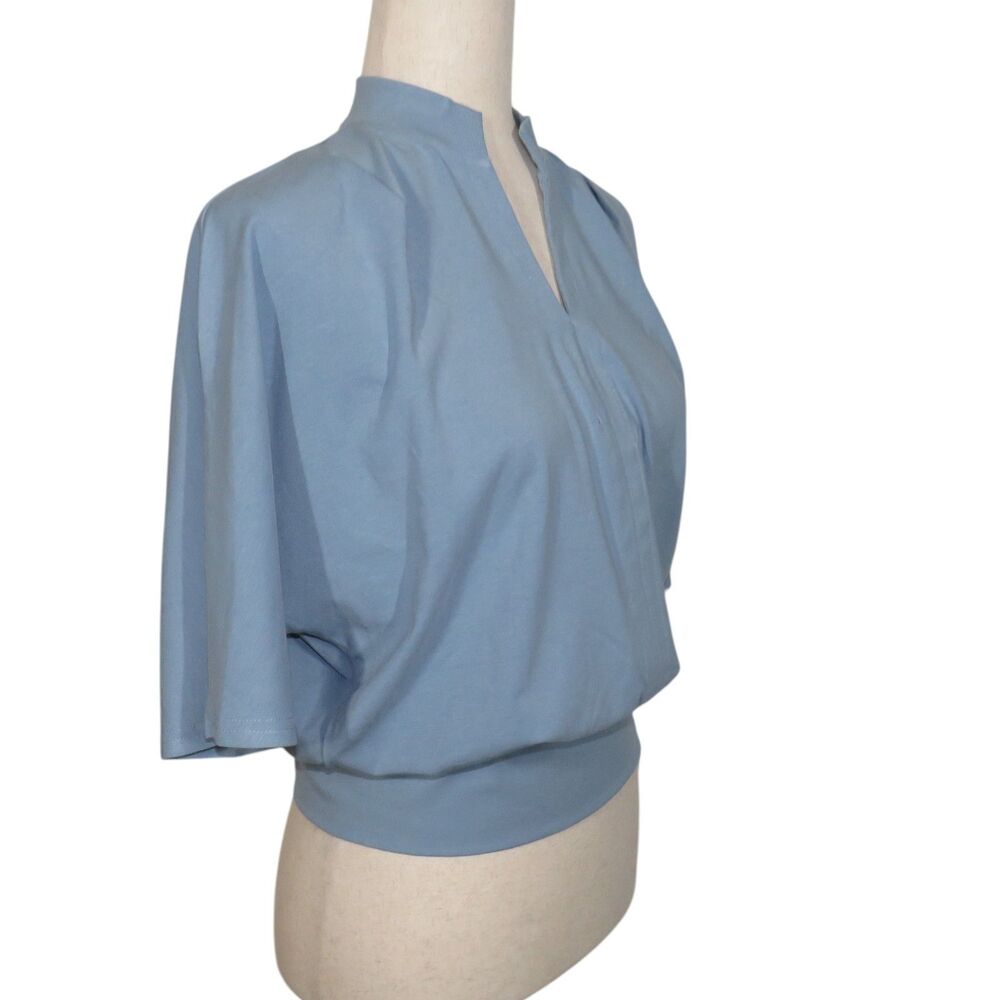 OGL Cotton Blend Stand Collar V-Neck Dolman Sleeve Top Blue Size Large - Picture 5 of 6